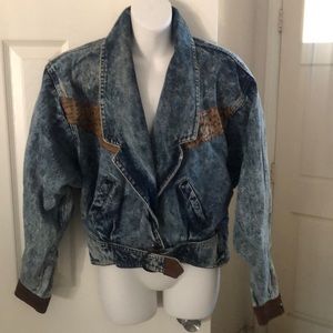 Vintage 80s/90s stone washed denim and leather snake print fringe jacket size S